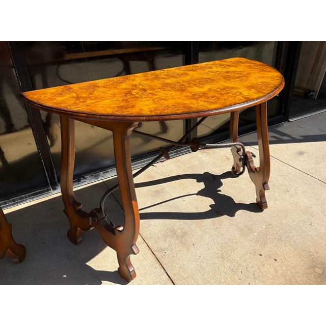 Italian Baroque Style Burl Walnut With Iron Stretcher Console Tables - Pair For Sale - Image 4 of 7
