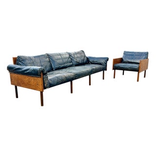 Ateljee Sofa and Armchair in Oak and Leather by Yrjö Kukkapuro for Haimi, 1960s, Set of 2 For Sale