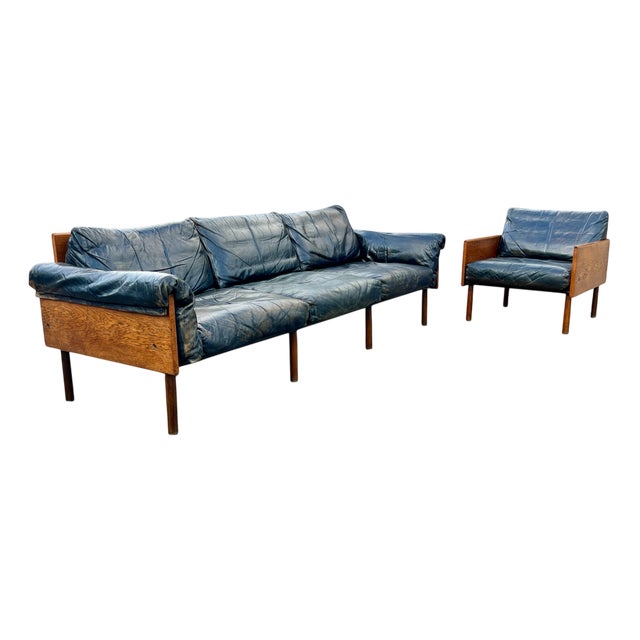 Ateljee Sofa and Armchair in Oak and Leather by Yrjö Kukkapuro for Haimi, 1960s, Set of 2 For Sale