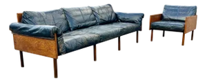Ateljee Sofa and Armchair in Oak and Leather by Yrjö Kukkapuro for Haimi, 1960s, Set of 2