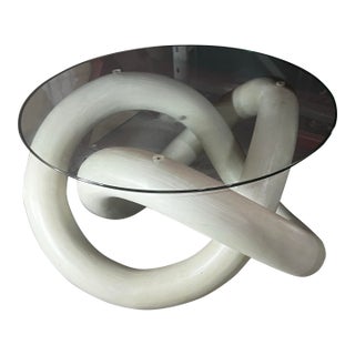 Vintage Wooden White Knot Side Table/Coffee Table With Glass Top For Sale