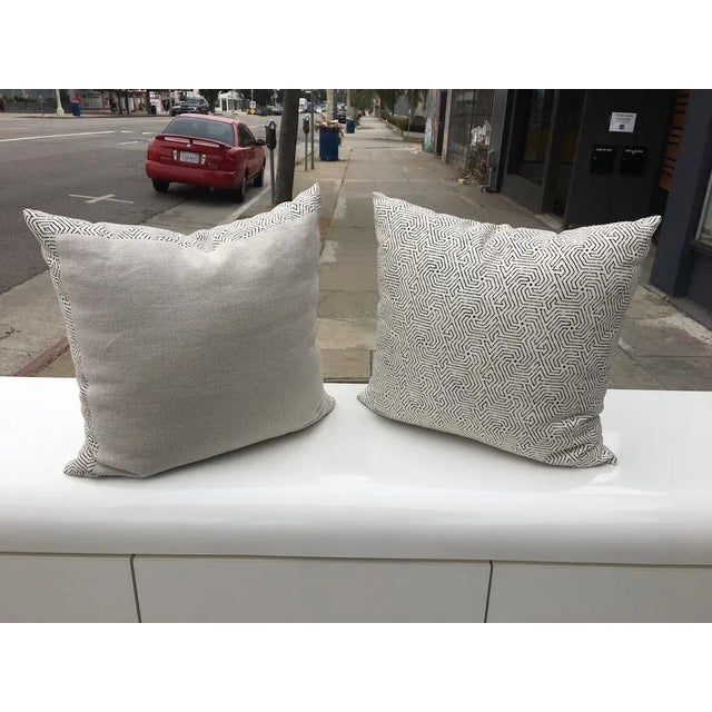 Textile Custom Cream Linen Navy Geometric Design Pillows - A Pair For Sale - Image 7 of 8