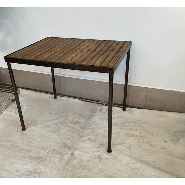 Mid-Century Modern Vintage Industrial Metal Accent Table With Slatted Wooden Top For Sale - Image 3 of 14