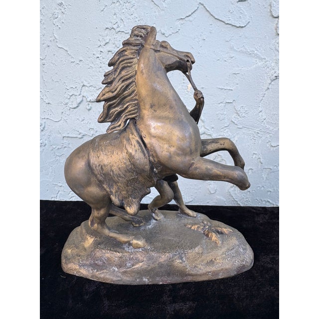 Neoclassical Early 20th Century Signed Classical Bronze-Tone Sculpture of Youth Restraining a Rearing Horse For Sale - Image 3 of 10