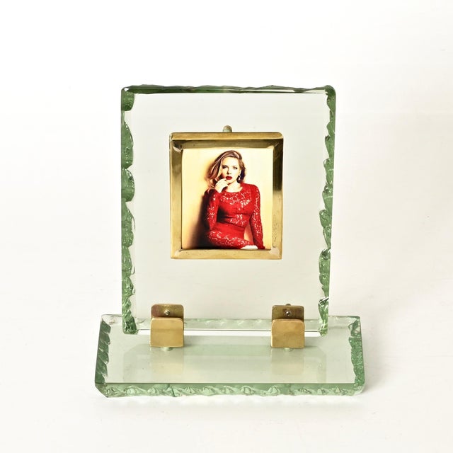 Nile Green Chiseled Crystal and Brass Photo Frame from Fontana Arte, Italy, 1950s For Sale - Image 13 of 14