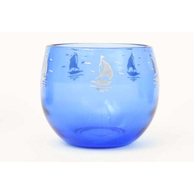 Vintage Light Royal Blue Glass Ice Bucket With Sailboat and Six Round Small Cordial Glasses For Sale - Image 9 of 11