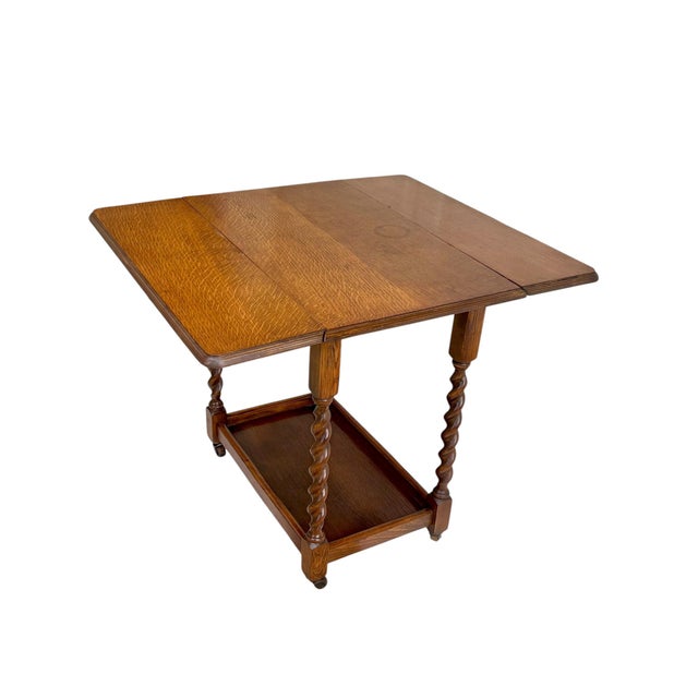 Antique English Oak Drop-Leaf Card Table or Bar Cart With Barley-Twist Legs For Sale - Image 9 of 17
