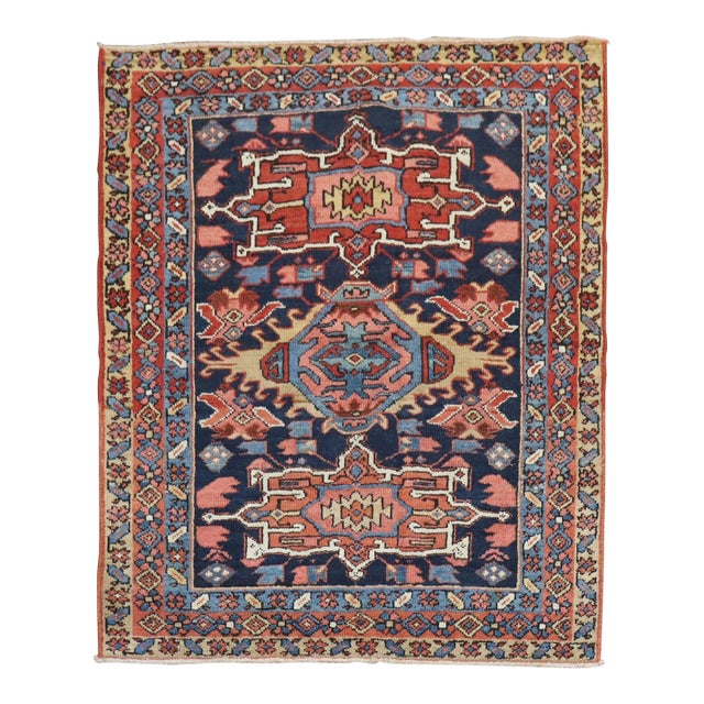 Antique Zabihi Collection Traditional Persian Square Navy Geometric Heriz Rug - 3'7" x 4'3" For Sale