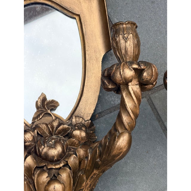 1950s Vintage Italian Hollywood Regency Gilt Wood Mirrored Two-Arm Wall Sconces - A Pair For Sale - Image 5 of 15