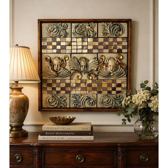 A striking 1970s vintage wall panel blending mythological artistry with Neoclassical Revival charm. This substantial piece...