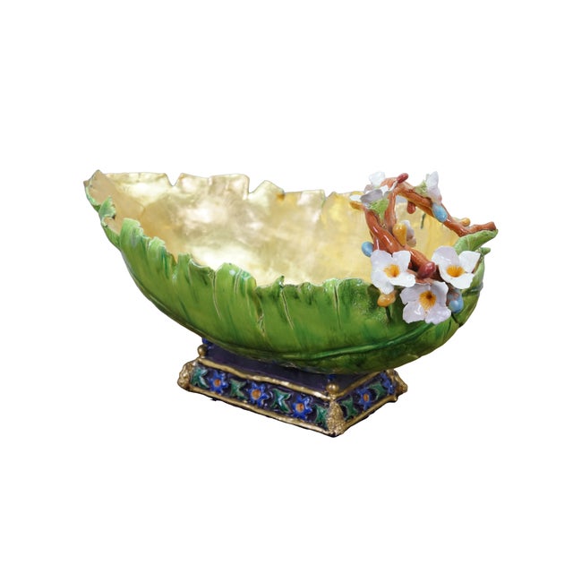 Exquisite large antique Italian Majolica centerpiece monteith bowl / compote featuring a banana leaf design with floral...