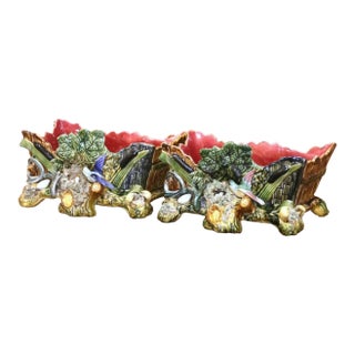 Pair 19th Century French Palissy-Style Barbotine Majolica Bird Jardinières For Sale