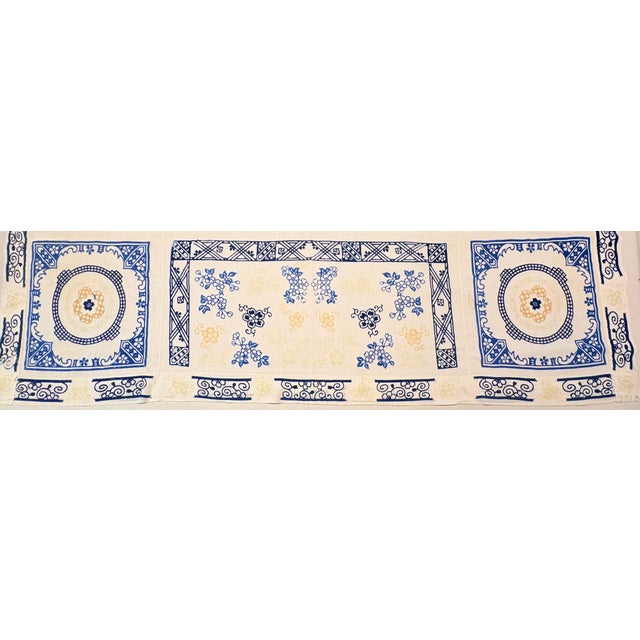 Vintage Blue and White Hand Blocked Chinoiserie Hemstitched Linen Table Cloth For Sale - Image 4 of 10