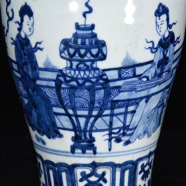 Vintage Blue and White Porcelain Meiping Vase With Figural Garden Scene For Sale - Image 9 of 9