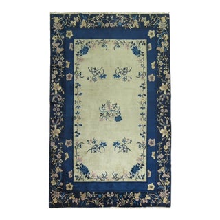 Early 20th Century Zabihi Collection Cream and Blue Chinese Rug - 6'2" x 9' For Sale