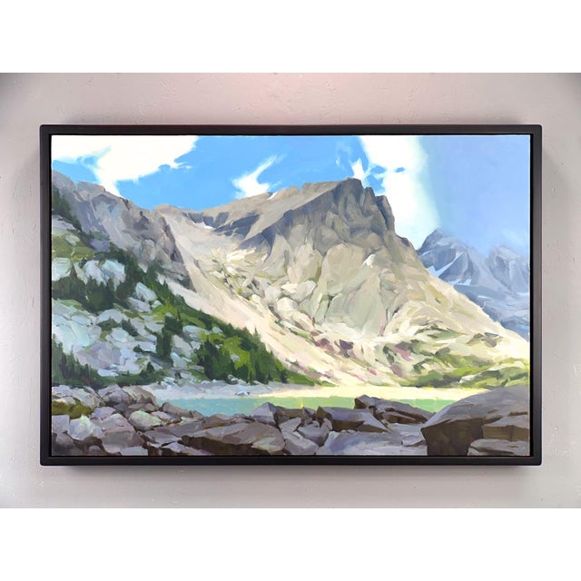 The painting "Erosion" captures a rugged mountain landscape, where towering cliffs and rocky outcrops dominate the scene,...