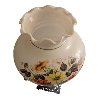 Vintage Floral Milk Glass Hurricane Parlor Lamp With Ornate Brass Base For Sale