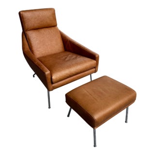 West Elm Leather Chair W/ Ottoman For Sale