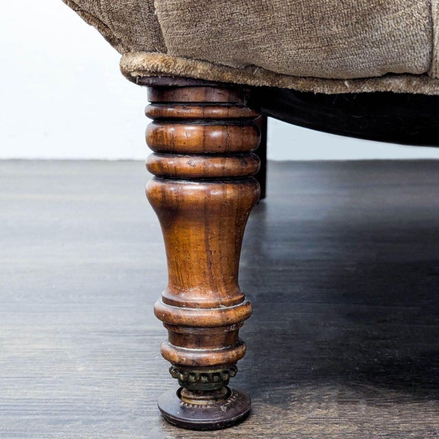 Brown Vintage Victorian Tufted Velvet Lounge Chair With Carved Wooden Accents For Sale - Image 8 of 10