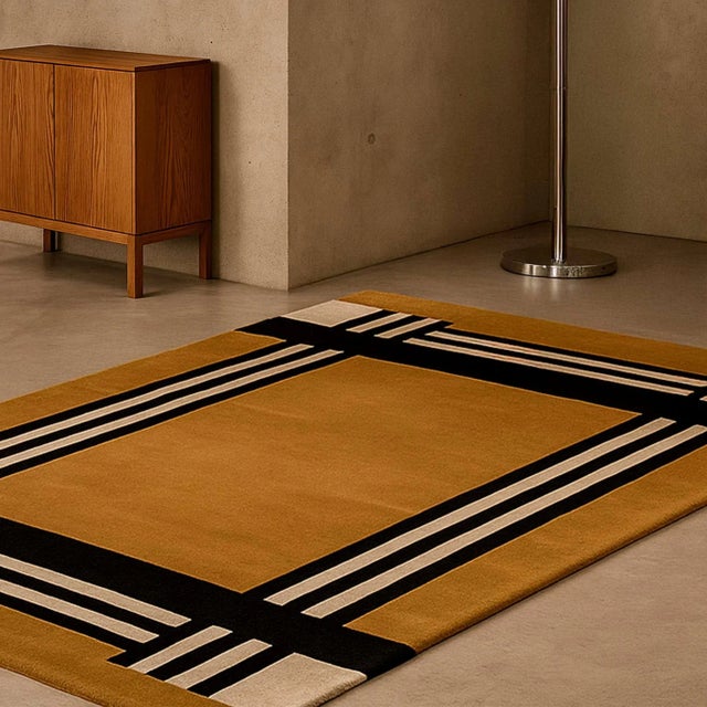 The Espresso rug showcases organic, irregular stripes in golden beige and black, exuding bold sophistication. A modern...