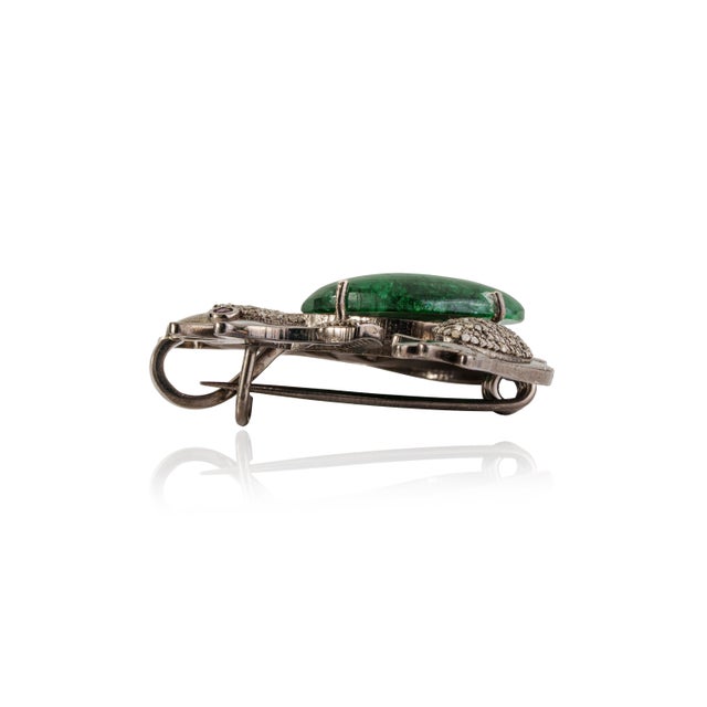 Emerald Antique Style Oxidized Silver & 15.25 Ct Natural Emerald Diamond Frog Brooch Pendant For Sale - Image 8 of 14