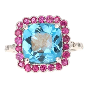 6.06 Carat Blue Topaz Pink Sapphire Diamond White Gold Engagement Ring Size 7