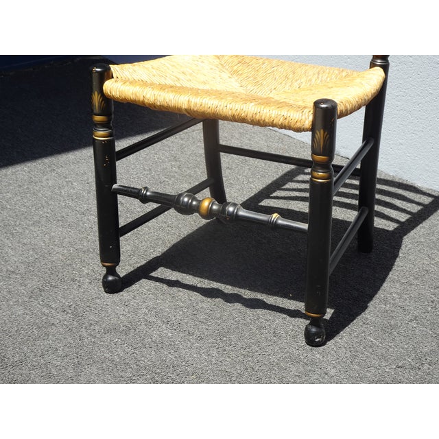 Chair Vintage L. Hitchcock French Country Black Ladder Back Rush Chair Stenciled For Sale - Image 14 of 17