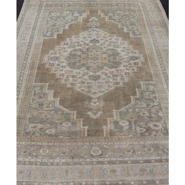 Traditional Mid 20th Century Mid 20th Century Vintage Turkish Oushak Rug From Turkey With Muted Colors and Floral Medallion For Sale - Image 3 of 12