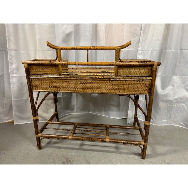 Vintage Burnt Bamboo Rattan Pagoda Desk With Chair For Sale - Image 9 of 14
