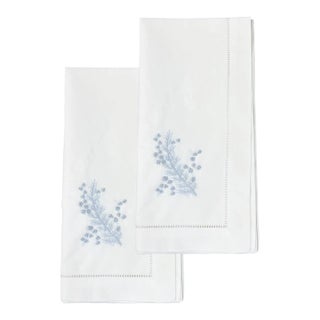 Fern Dinner Napkins White Cotton With Hem Stitch, Embroidered - Set of 2 For Sale