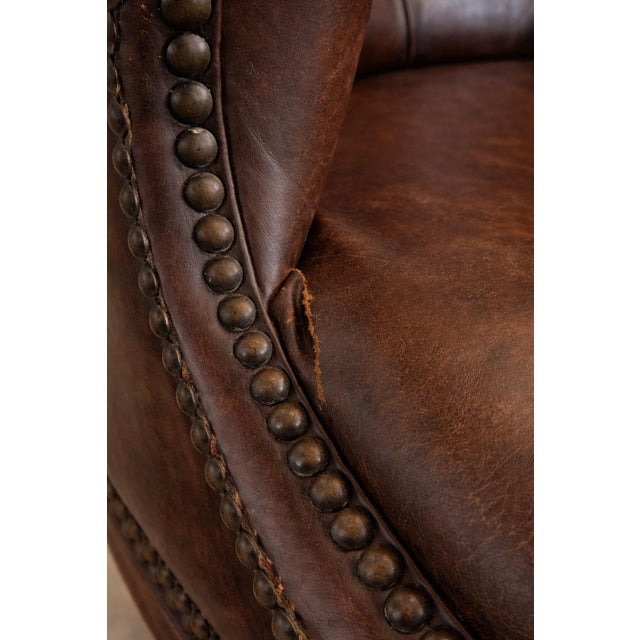 Set of 4 Late 20th Century English Regency Revival Tufted Leather Library Club Chairs With Carved Wood Arms For Sale - Image 10 of 10