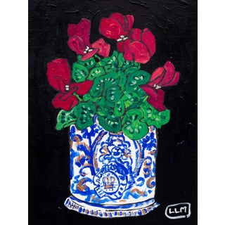 Pink Cyclamen Plant in Blue-And-White Delft Lion Planter Original Fauvist Painting For Sale