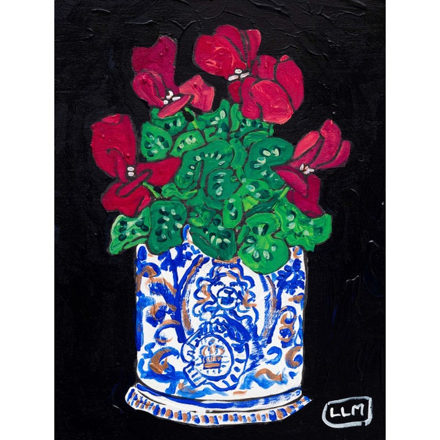 Pink Cyclamen Plant in Blue-And-White Delft Lion Planter Original Fauvist Painting For Sale