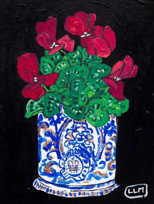 Pink Cyclamen Plant in Blue-And-White Delft Lion Planter Original Fauvist Painting