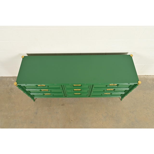 Mid-Century Hollywood Regency Campaign Green Lacquered Faux Bamboo Triple Dresser or Credenza by Stanley, Newly Refinished For Sale - Image 13 of 16