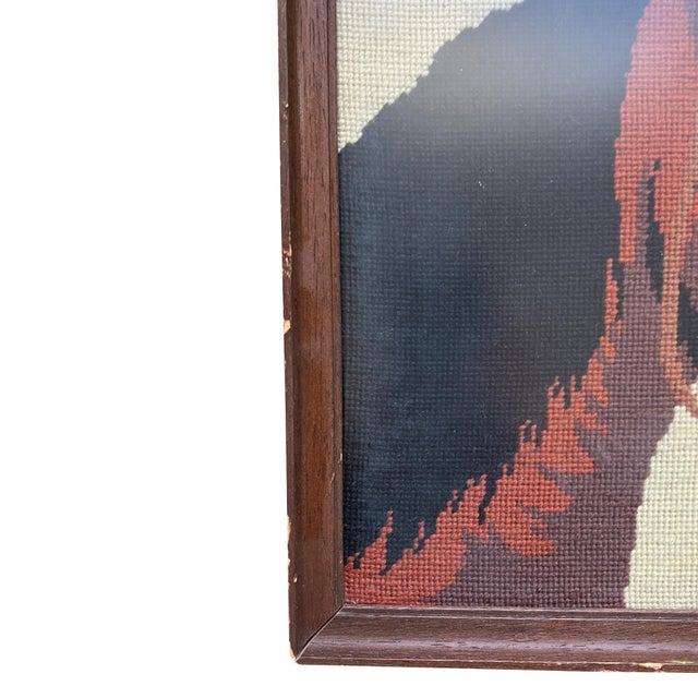 This vintage equestrian needlepoint portrait (signed “78 SH”) captures the soulful expression and classic profile of a bay...