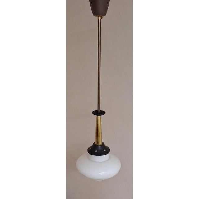 Mid-Century Brass and Black Lacquered Metal Ceiling Lamp with White Opaque Glass Shade, 1960s For Sale - Image 4 of 8