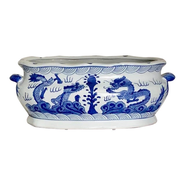 Vintage Chinoiserie Blue and White Large Oval Ceramic Planter With