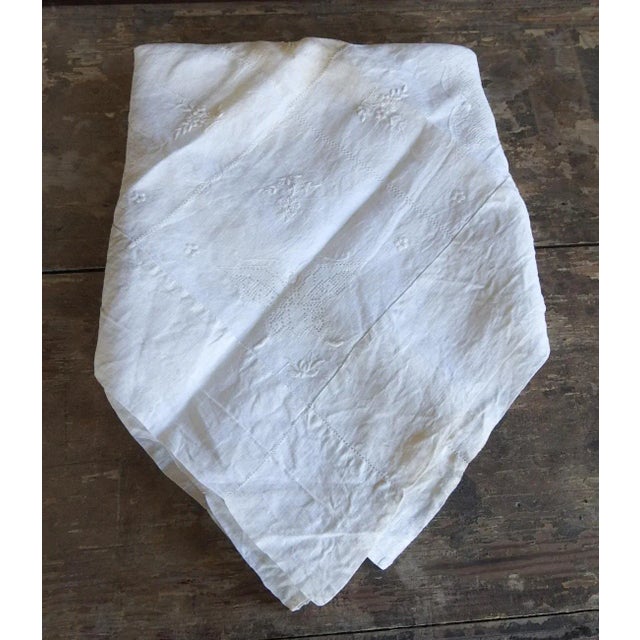 Shabby Chic Antique White Linen Butterfly Embroidered Openwork Tablecloth For Sale - Image 3 of 10
