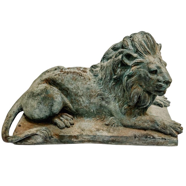 Grand Scale Vintage Continental European Patinated Bronze Recumbent Lions - Pair For Sale - Image 13 of 18