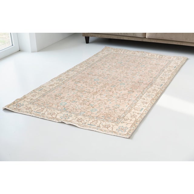 Sky Blue & Peach Area Rug, Vintage Floral Wool Carpet For Sale - Image 9 of 10