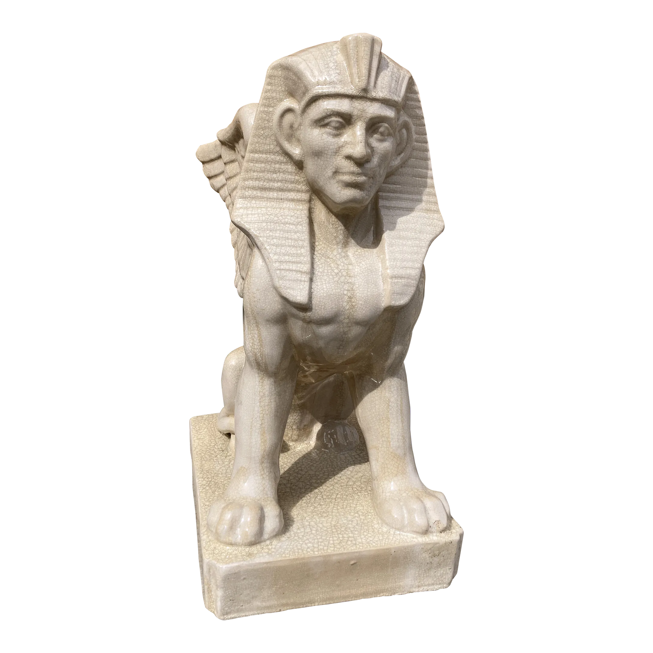 1980s Egyptian Sphinx Entryway Statue in Crackle Glazed
