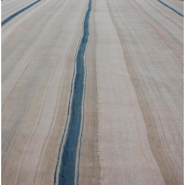 Shabby Chic Vintage Turkish Kilim Rug With Soft Beige and Blue Stripes For Sale - Image 3 of 9