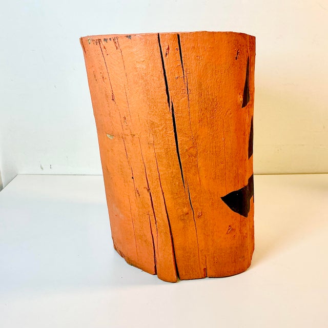 Wood Vintage Americana Folk Art Boho Chic Wood Stump Jack-O-Lantern Low Stool - Halloween For Sale - Image 7 of 11