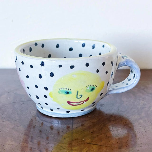 White Vintage Amy Sabrina Pottery Teacup With Three Faces and Polka-Dots, C. 1980 For Sale - Image 8 of 8