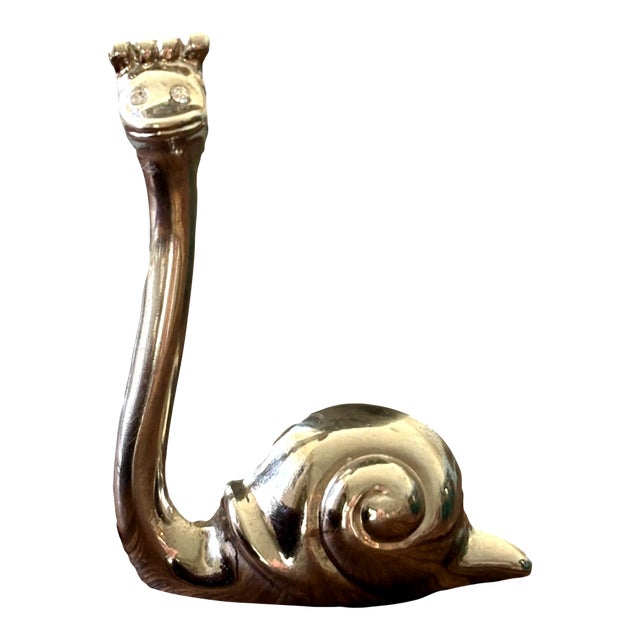 Late 20th Century Miniature Whimsical Italian Silver Tone Snail Figurine With Crystal Made in Italy For Sale