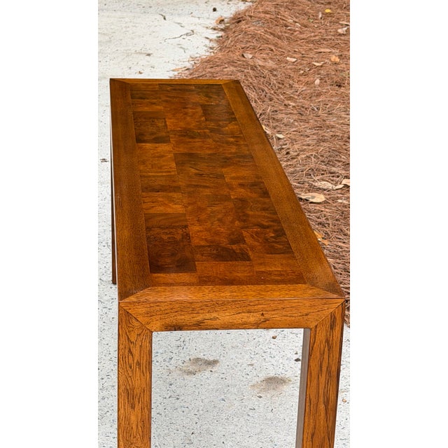 Mid-Century Modern Long Parsons Style Walnut Sofa Table With Burl Walnut Top For Sale - Image 3 of 11