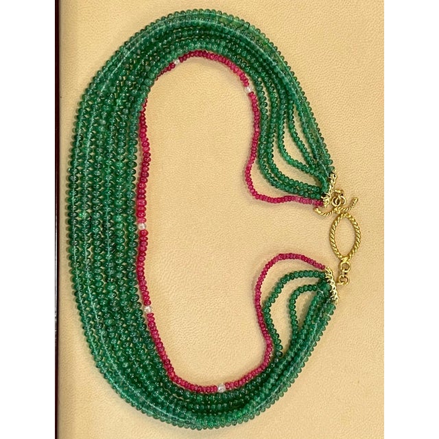 Gemstone 360 Carat Emerald, Burma Ruby and Diamond Beads Necklace 18 Karat Yellow Gold For Sale - Image 7 of 18