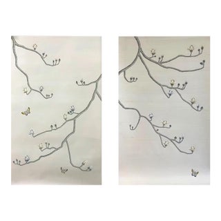 31"*51", Magnolia Canopy, Hand-Painted Magnolia Silk Wallpaper, Beige White Silk Wall Artwork ( No Frame) - Set of 2 For Sale