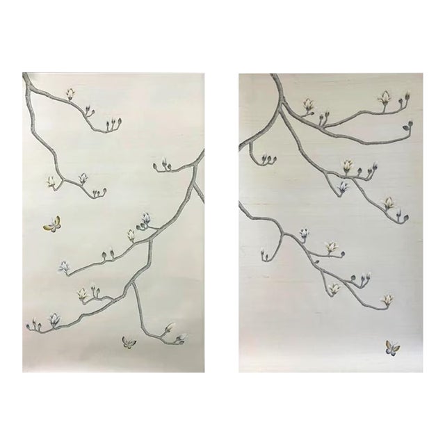 31"*51", Magnolia Canopy, Hand-Painted Magnolia Silk Wallpaper, Beige White Silk Wall Artwork ( No Frame) - Set of 2 For Sale